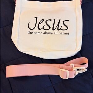 Canvas Faith Shoulder Bag in White with Pink Strap